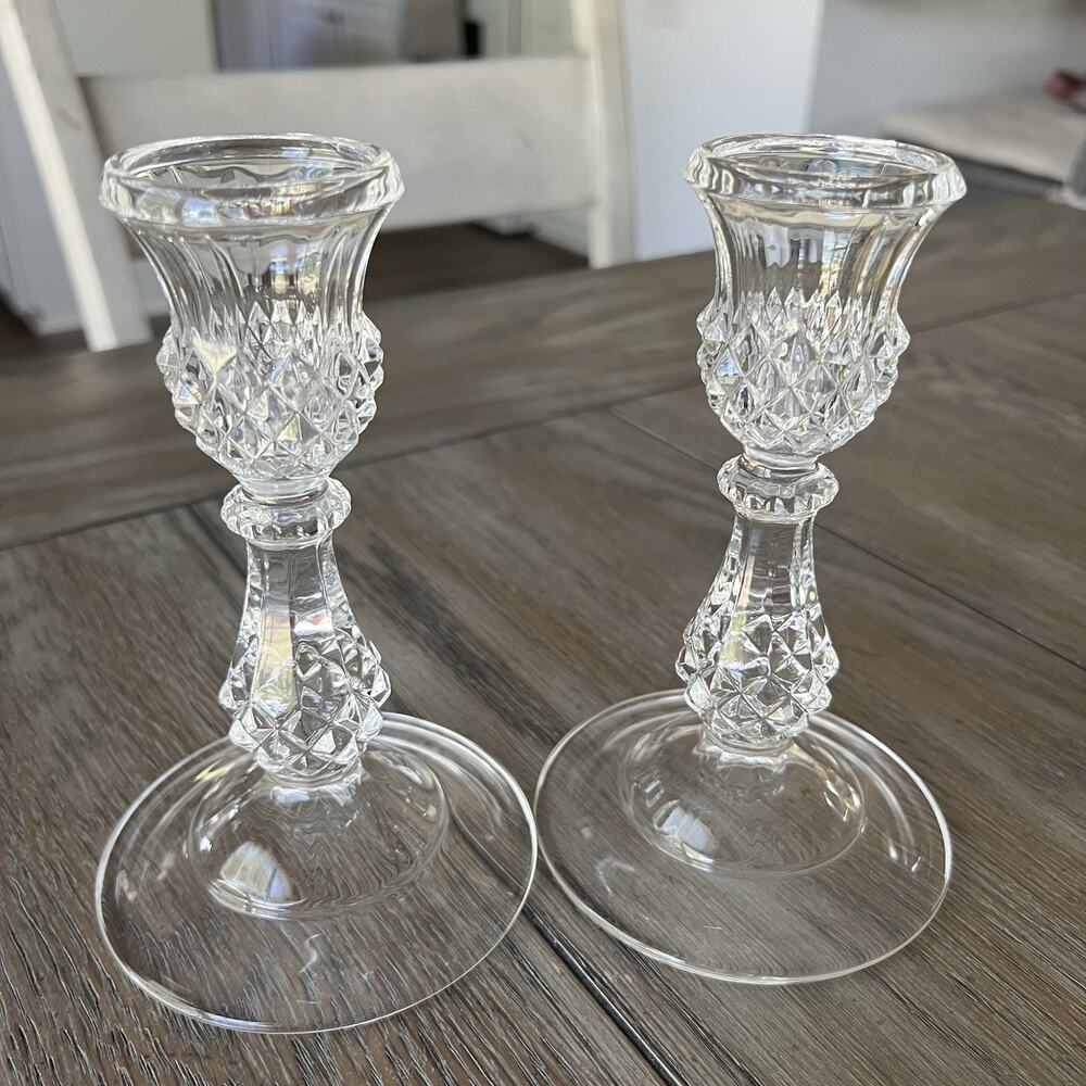 Pair of Vtg Cristal D'Arques Longchamp Crystal Candlestick Candle Holders.